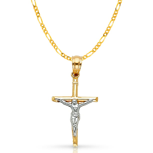 14K Two Tone Gold Crucifix Charm Pendant with 2.3mm Figaro 3+1 Chain Necklace 